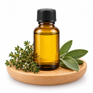 Essential Oils – amber bottle with thyme and sage